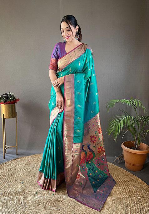 Rama Blue Woven Paithani Silk Saree Set