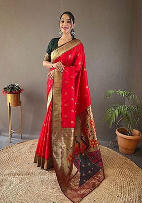 Red Woven Paithani Silk Saree Set