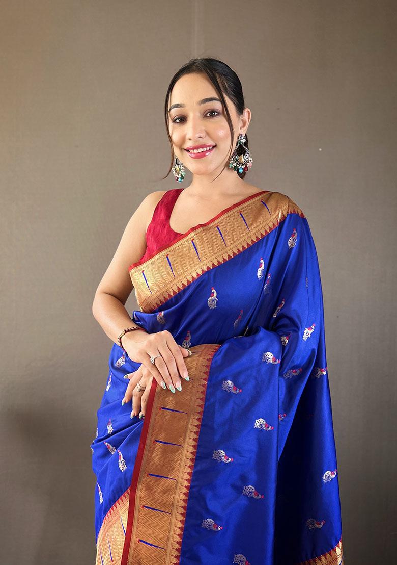 Blue Woven Paithani Silk Saree Set - Indya