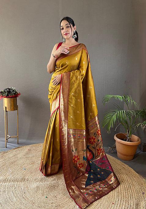 Yellow Woven Paithani Silk Saree Set