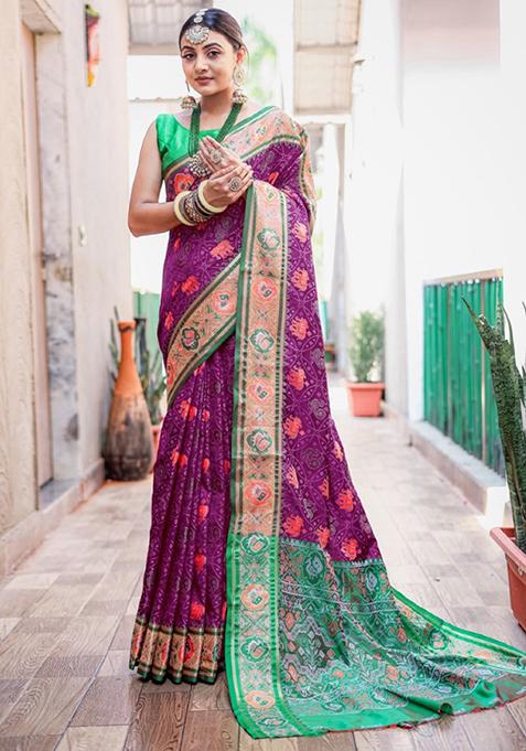 Purple Woven Patola Silk Saree Set