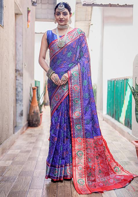 Violet Woven Patola Silk Saree Set