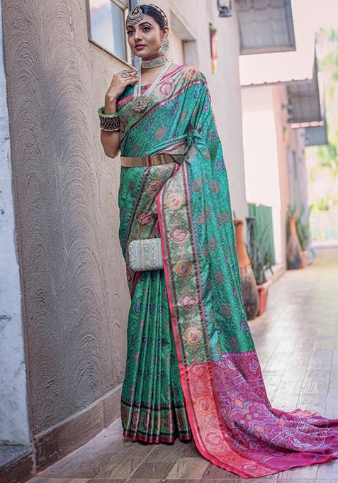 Green Woven Patola Silk Saree Set