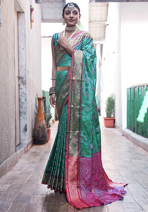 Green Woven Patola Silk Saree Set