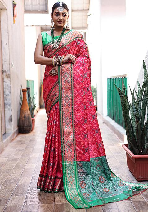 Pink Woven Patola Silk Saree Set