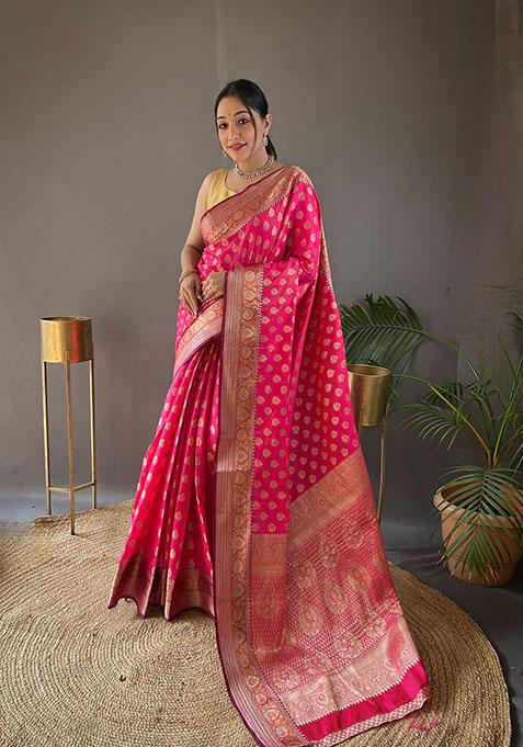 Pink Woven Soft Silk Saree Set