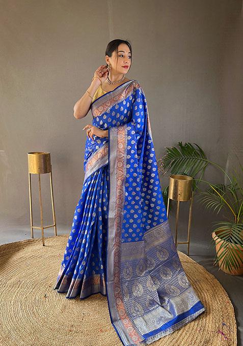 Royal Blue Woven Soft Silk Saree Set