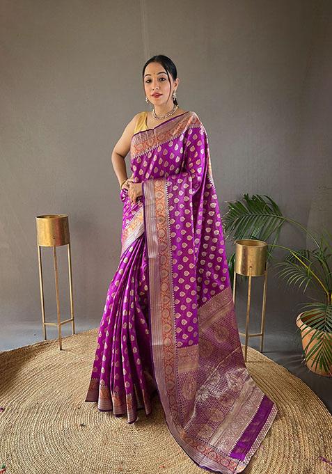 Wine Woven Soft Silk Saree Set