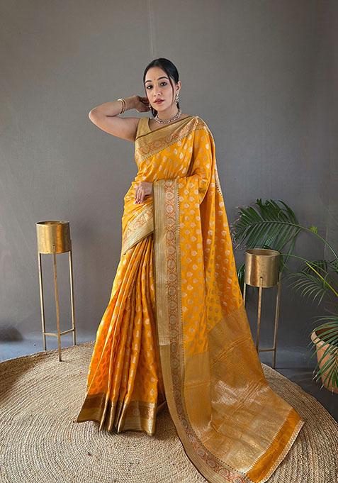 Yellow Woven Soft Silk Saree Set