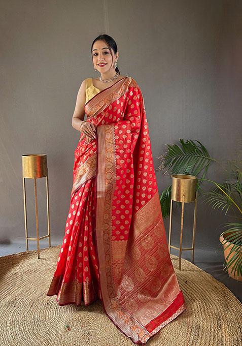 Red Woven Soft Silk Saree Set