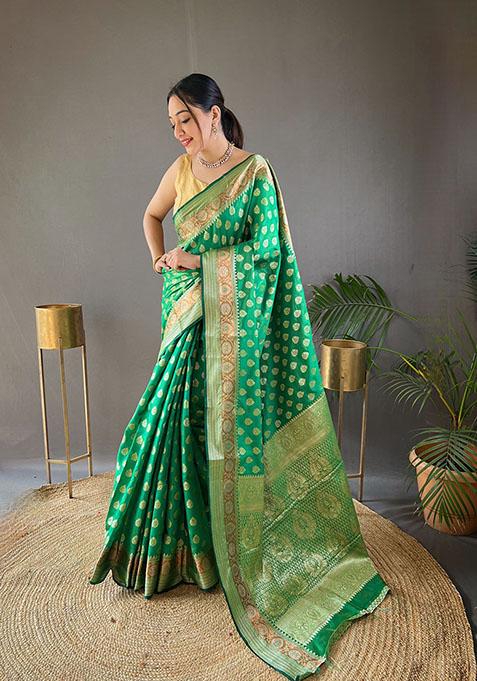 Green Woven Soft Silk Saree Set