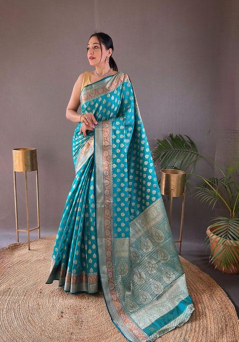 Rama Blue Woven Soft Silk Saree Set