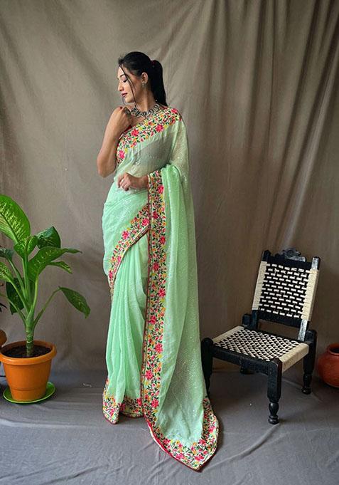 Pista Sequin Embellished Georgette Silk Saree Set