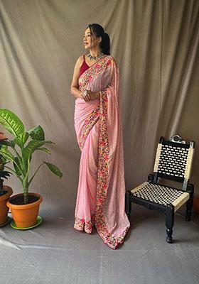 Peach Sequin Embellished Georgette Silk Saree Set