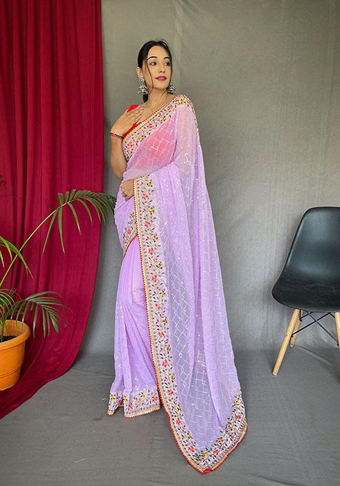 Purple Sequin Embellished Georgette Silk Saree Set