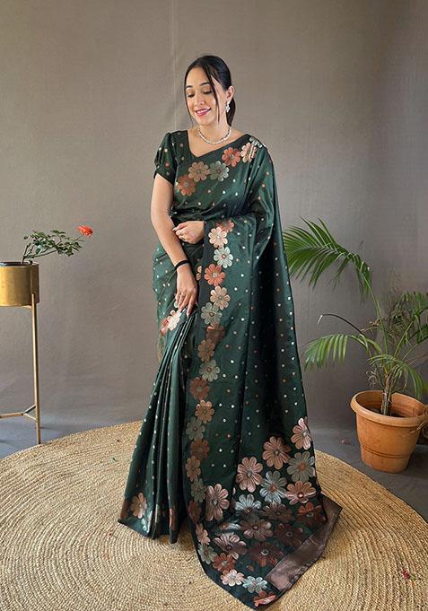 Green Woven Soft Silk Saree Set