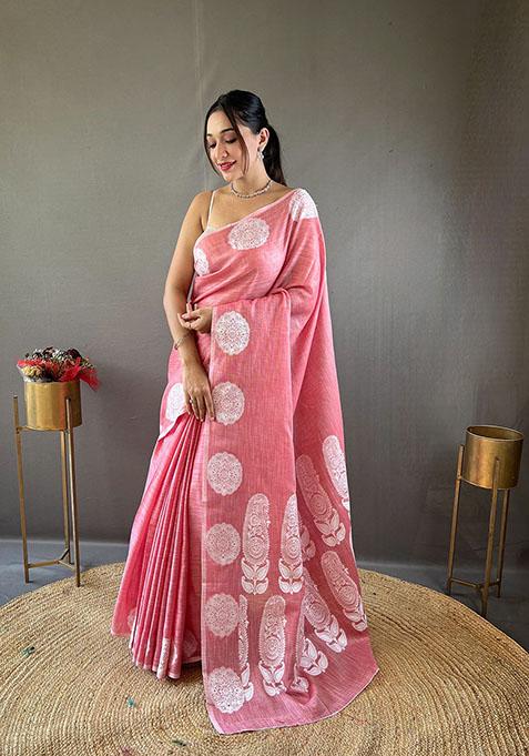 Pink Woven Linen Silk Saree Set