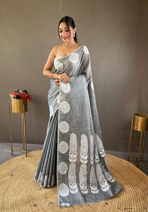 Grey Woven Linen Silk Saree Set