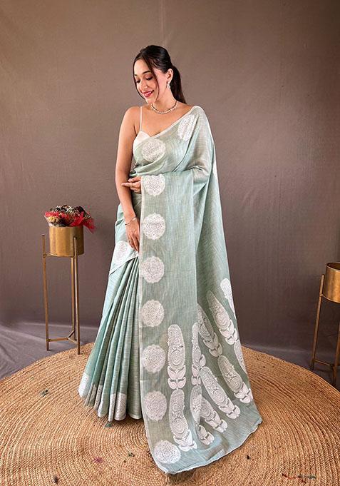 Pista Woven Linen Silk Saree Set