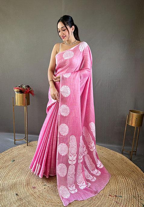 Baby Pink Woven Linen Silk Saree Set