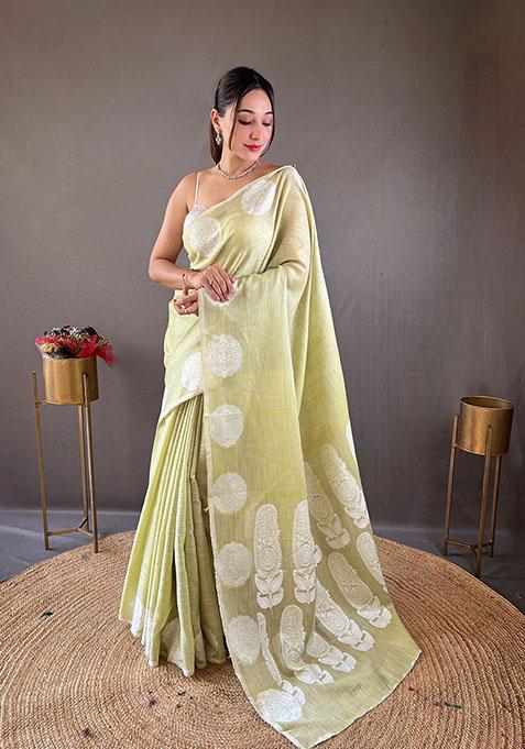 Green Woven Linen Silk Saree Set