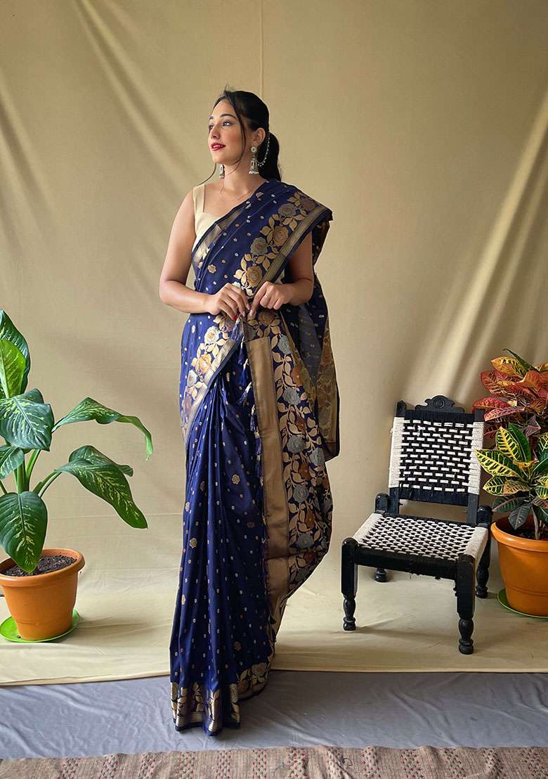 Dark Blue Woven Soft Silk Blend Saree Set - Indya