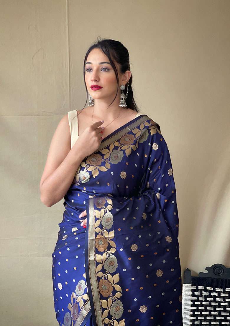 Dark Blue Woven Soft Silk Blend Saree Set - Indya