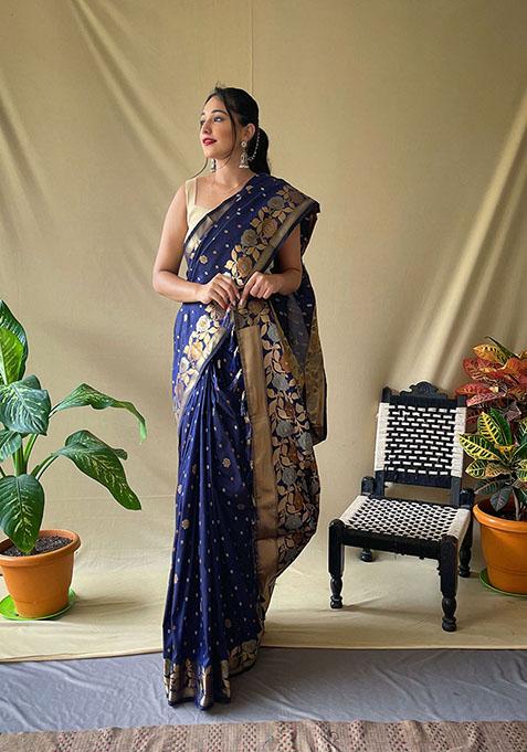 Dark Blue Woven Soft Silk Saree Set