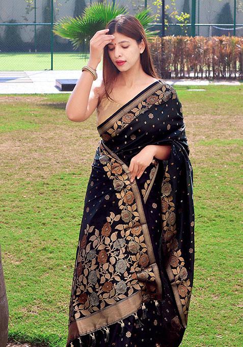 Black Woven Soft Silk Saree Set