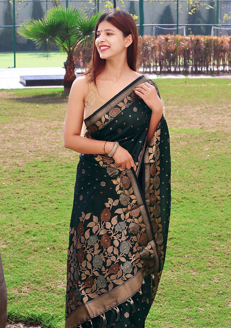 Dark Green Woven Soft Silk Saree Set