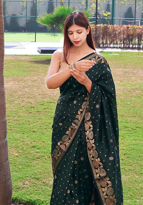 Dark Green Woven Soft Silk Saree Set