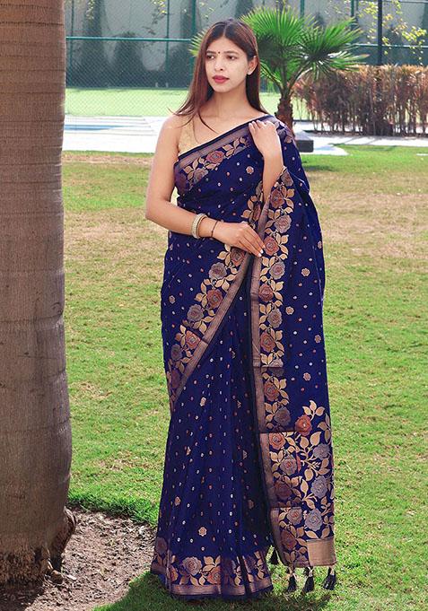 Blue Woven Soft Silk Saree Set