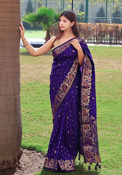 Indigo Blue Woven Soft Silk Saree Set