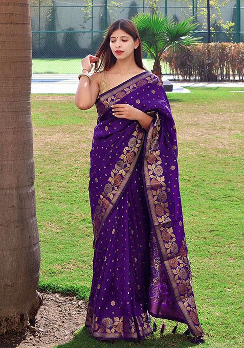 Dark Purple Woven Soft Silk Saree Set