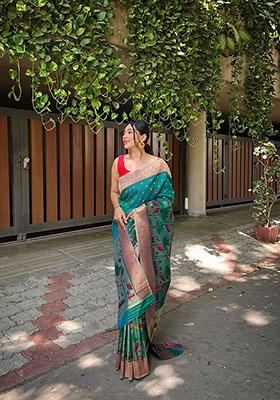 Rama Blue Floral Banarasi Paithani Silk Saree Set