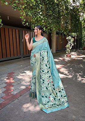 Sky Blue Floral Banarasi Paithani Silk Saree Set