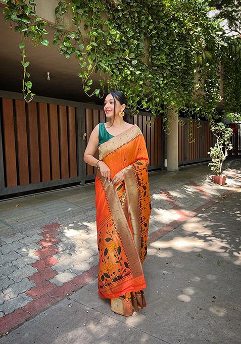 Yellow Floral Banarasi Paithani Silk Saree Set