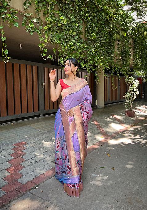 Lavender Floral Banarasi Paithani Silk Saree Set