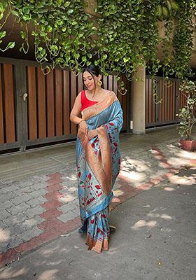 Denim Blue Floral Banarasi Paithani Silk Saree Set
