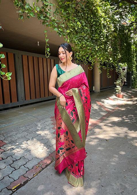 Pink Floral Banarasi Paithani Silk Saree Set