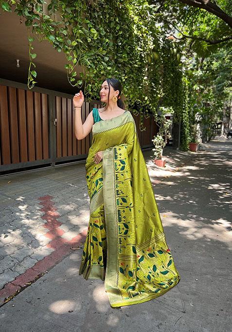 Pista Floral Banarasi Paithani Silk Saree Set