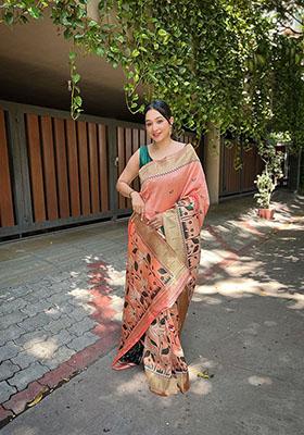Peach Floral Banarasi Paithani Silk Saree Set