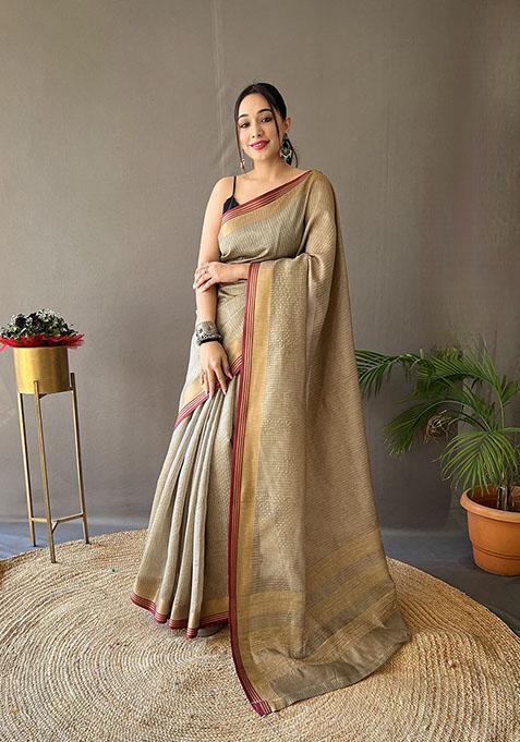 Grey Woven Soft Silk Saree Set