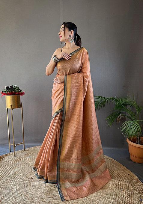 Peach Woven Soft Silk Saree Set