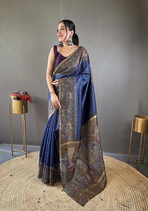 Blue Woven Chanderi Silk Saree Set