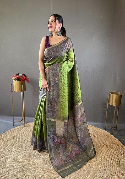 Parrot Green Woven Chanderi Silk Saree Set