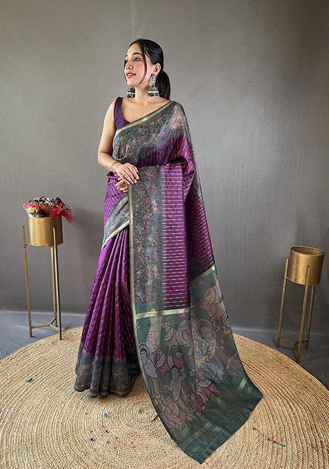 Purple Woven Chanderi Silk Saree Set