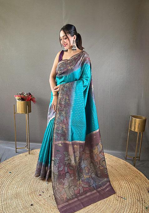 Teal Blue Woven Chanderi Silk Saree Set