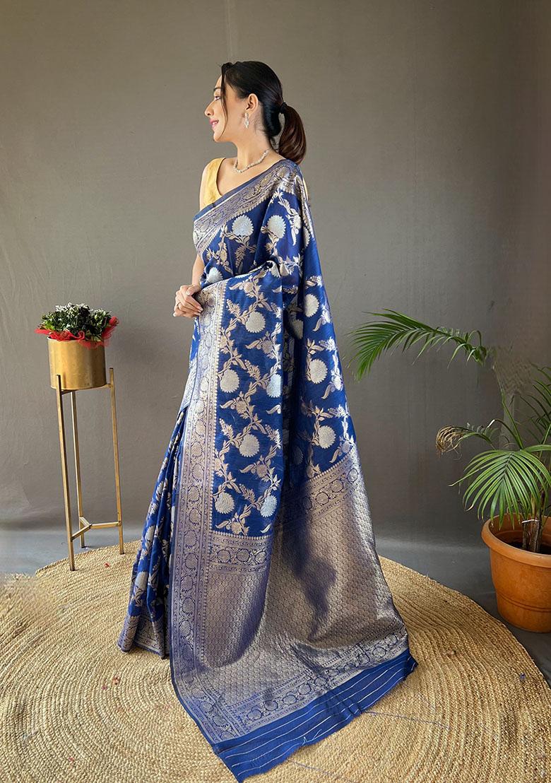 Blue Woven Linen Cotton Saree Set - Indya