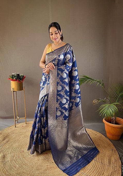 Blue Woven Linen Cotton Saree Set